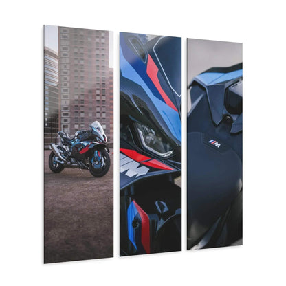 BMW M1000RR motorcycle triptych canvas art with cityscape background, modern wall art panels.