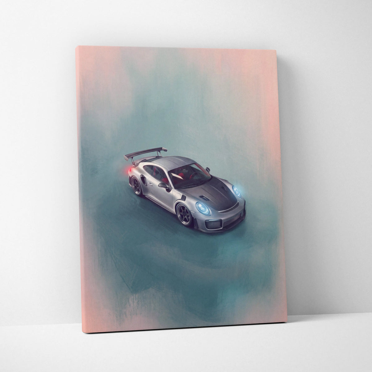 Silver Porsche 911 GT2 RS inspired canvas print with glowing blue headlights and black hood on pink teal background