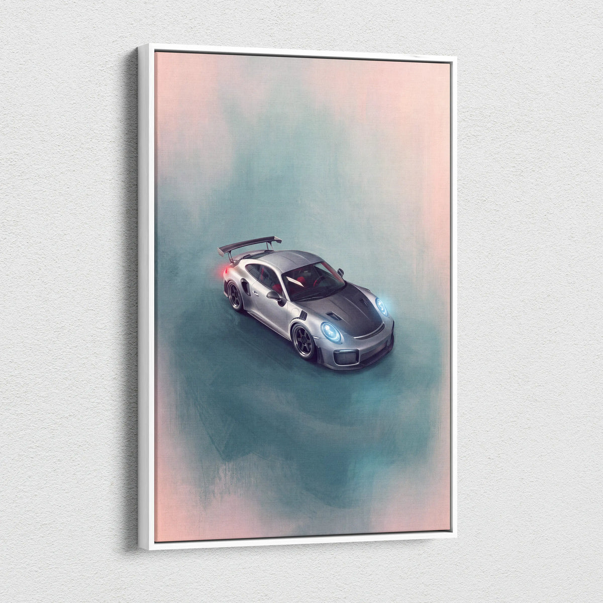 Silver and black Porsche 911 GT3 RS sports car illustration in a white frame luxury supercar canvas wall art