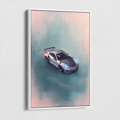 Silver and black Porsche 911 GT3 RS sports car illustration in a white frame luxury supercar canvas wall art