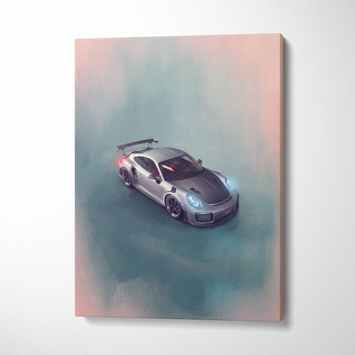 Silver and black porsche 911 gt2 rs inspired canvas print with glowing blue headlights luxury supercar wall art