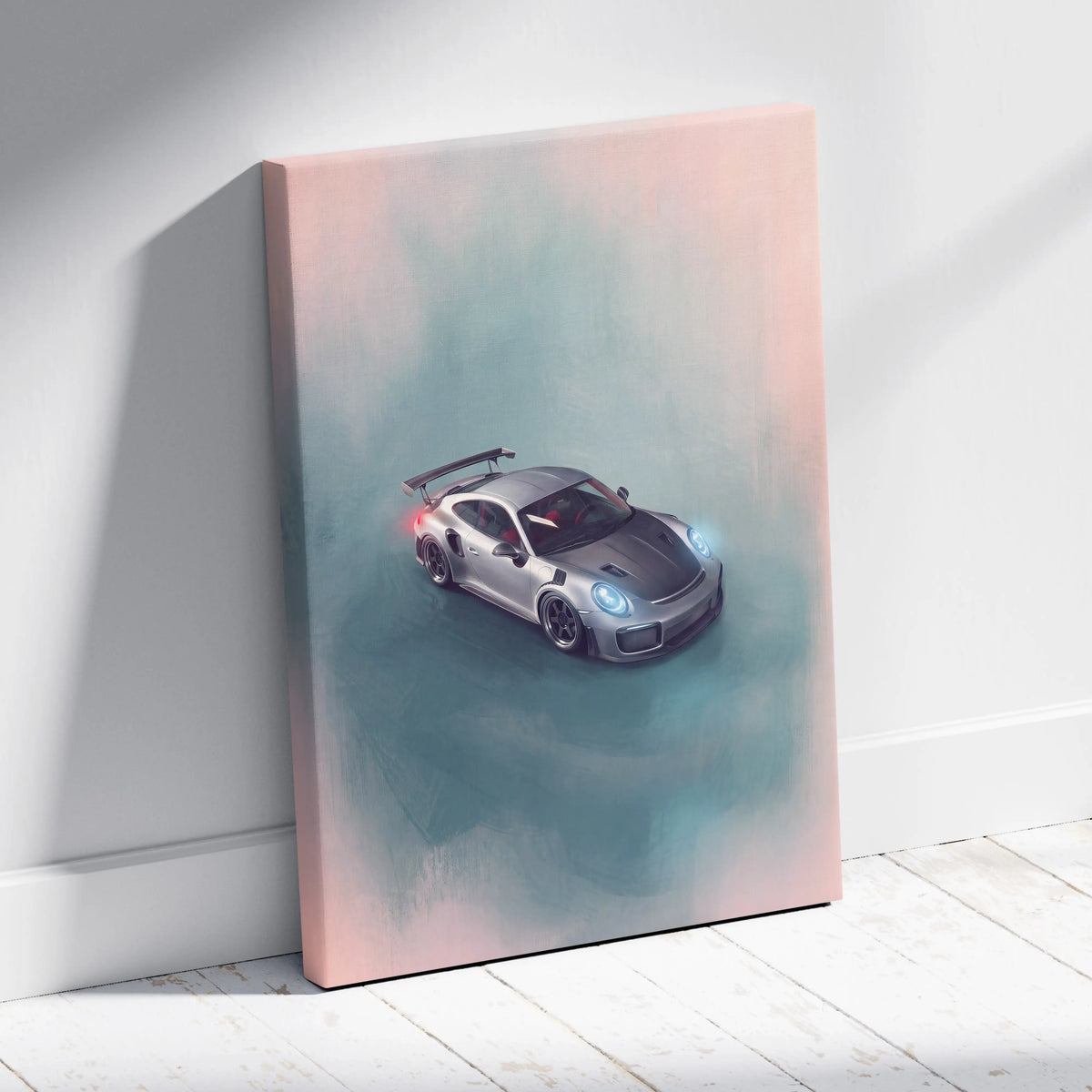 Silver and black porsche 911 gt2 rs inspired canvas print with glowing blue headlights luxury supercar wall art