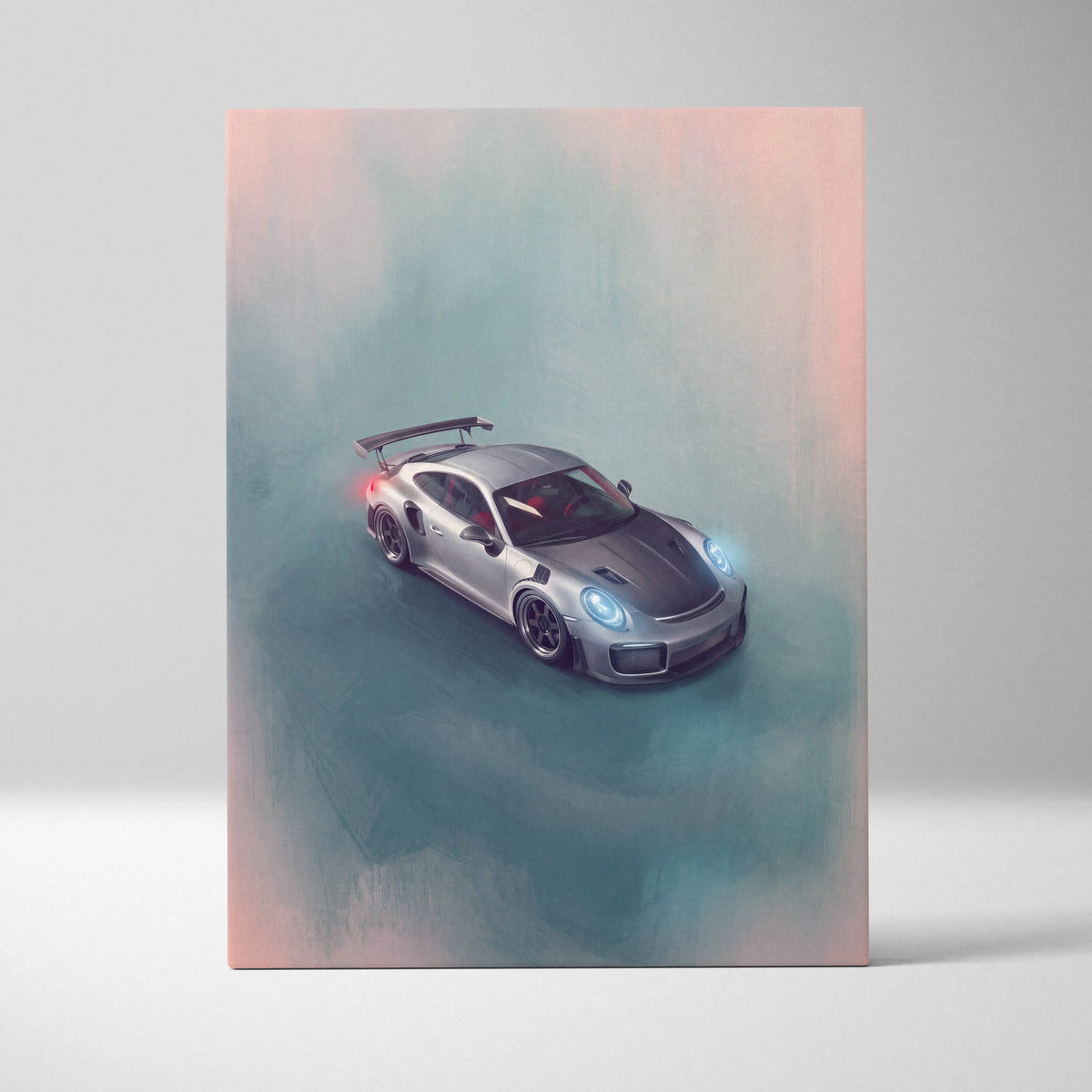 Silver porsche 911 gt3 with black racing stripes and blue headlights in a luxury supercar canvas wall art print