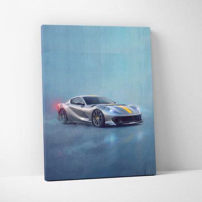 Silver ferrari 812 competizione inspired supercar canvas art with yellow racing stripes custom car wall art print
