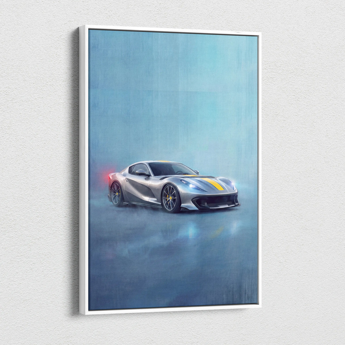 Silver Ferrari 812 Competizione inspired sports car with yellow racing stripes canvas art print for custom wall decor