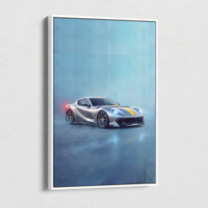 Silver Ferrari 812 Competizione inspired sports car with yellow racing stripes canvas art print for custom wall decor