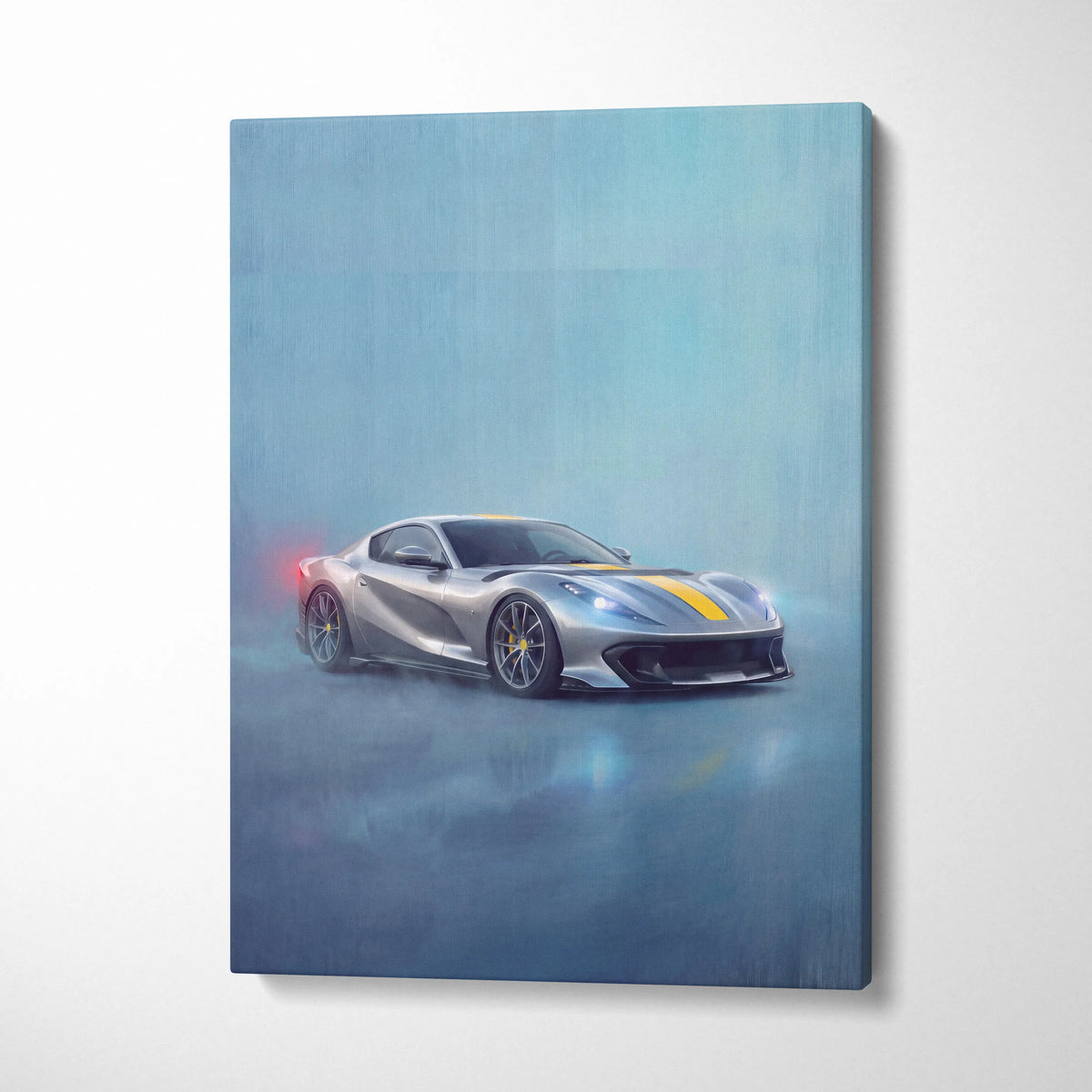 Silver ferrari 812 competizione inspired sports car canvas art with yellow racing stripes and black rims on misty blue background