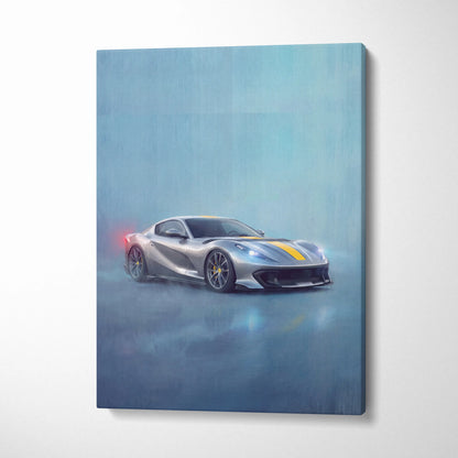 Silver ferrari 812 competizione inspired sports car canvas art with yellow racing stripes and black rims on misty blue background