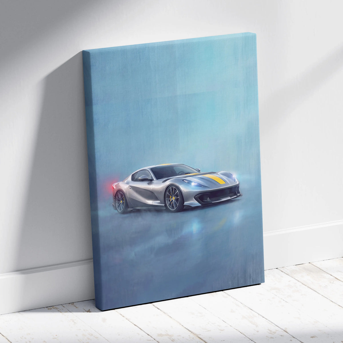 Silver Ferrari 812 Competizione inspired supercar canvas art with yellow racing stripes and glowing red taillight on wall