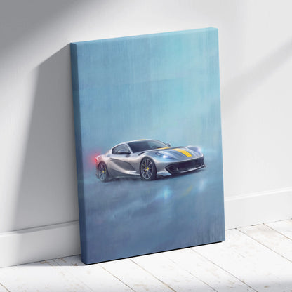 Silver Ferrari 812 Competizione inspired supercar canvas art with yellow racing stripes and glowing red taillight on wall