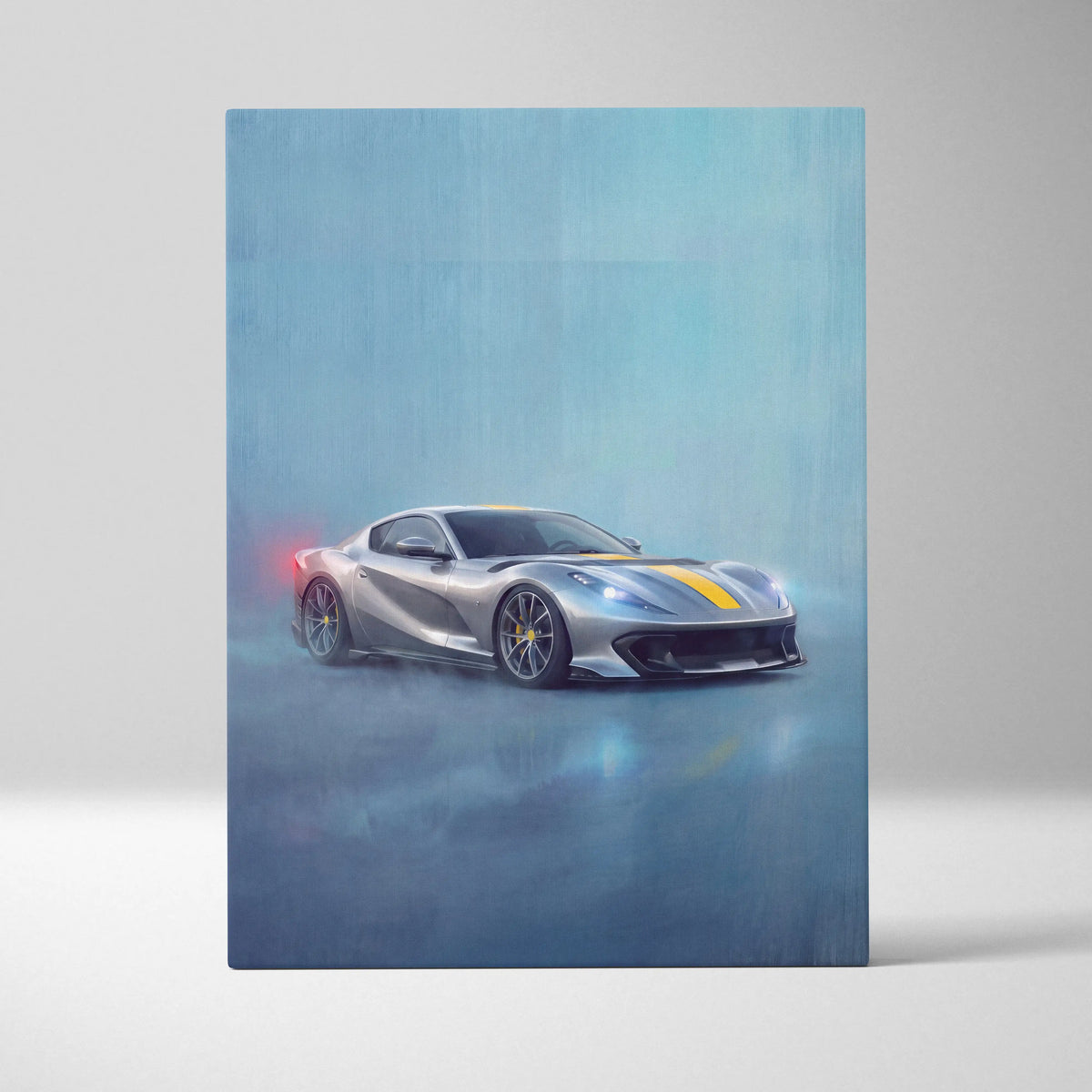 Silver and yellow Ferrari 812 Competizione inspired supercar canvas art featuring sleek aerodynamic design for wall decor