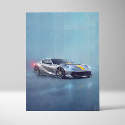 Silver and yellow Ferrari 812 Competizione inspired supercar canvas art featuring sleek aerodynamic design for wall decor