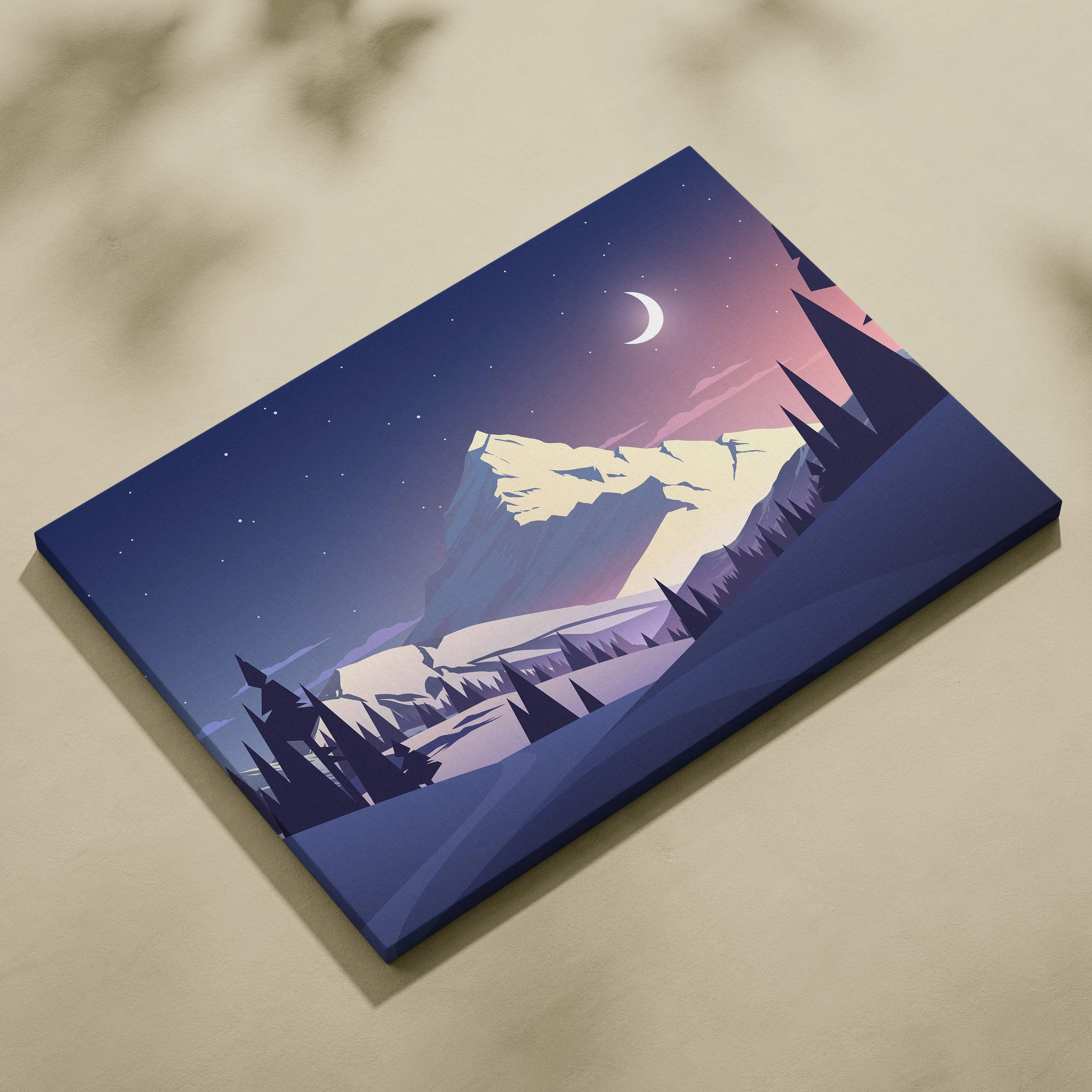 Minimalist night mountain landscape canvas print with crescent moon, pine forest, starry sky in soft purple blue pink twilight