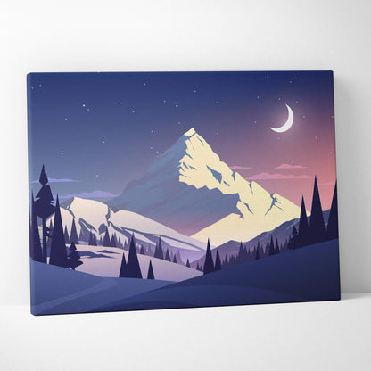 Minimalist night mountain landscape canvas art with crescent moon, pine forest in soft purple blue pink twilight