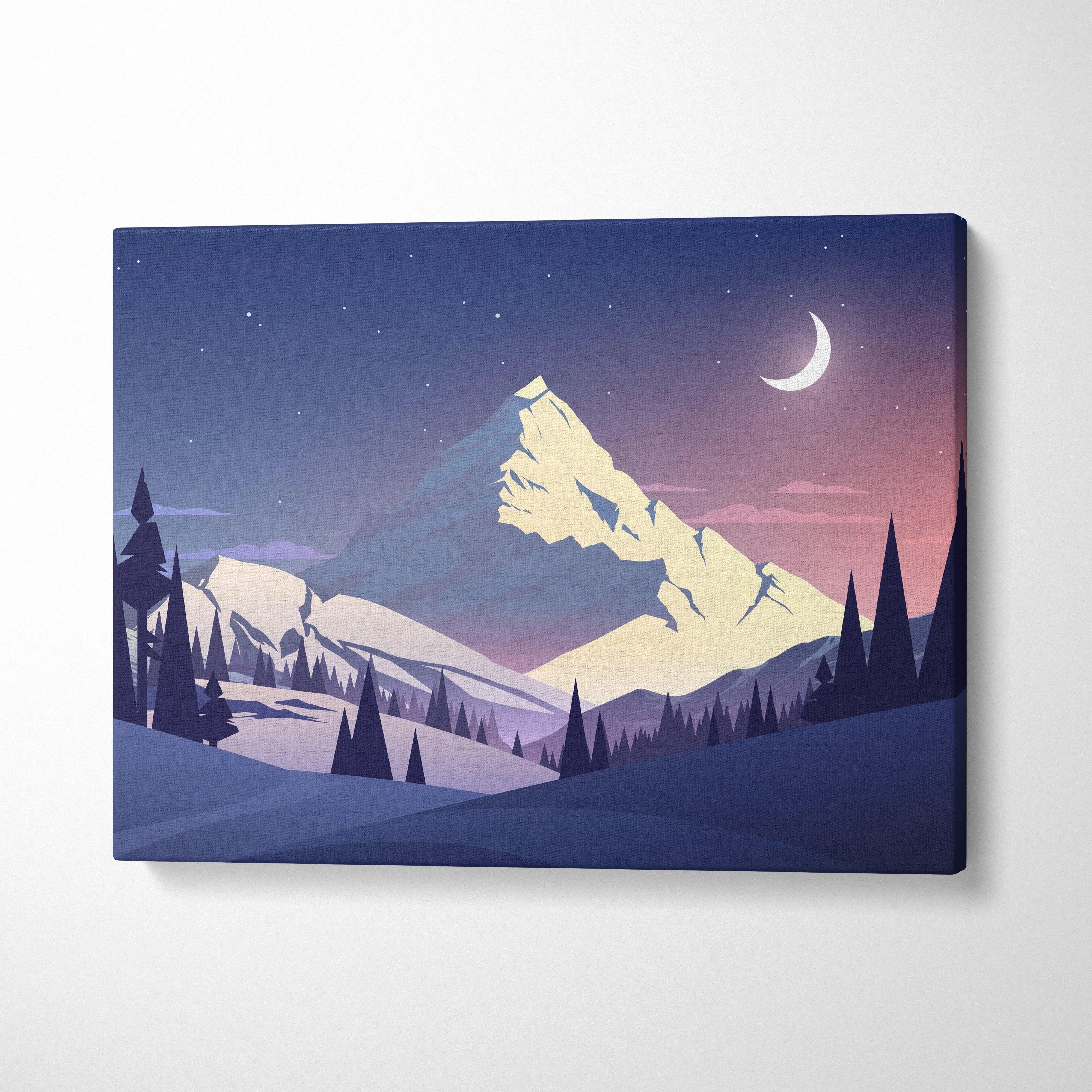 Minimalist night mountain landscape canvas art with crescent moon, pine forest in soft purple blue pink twilight