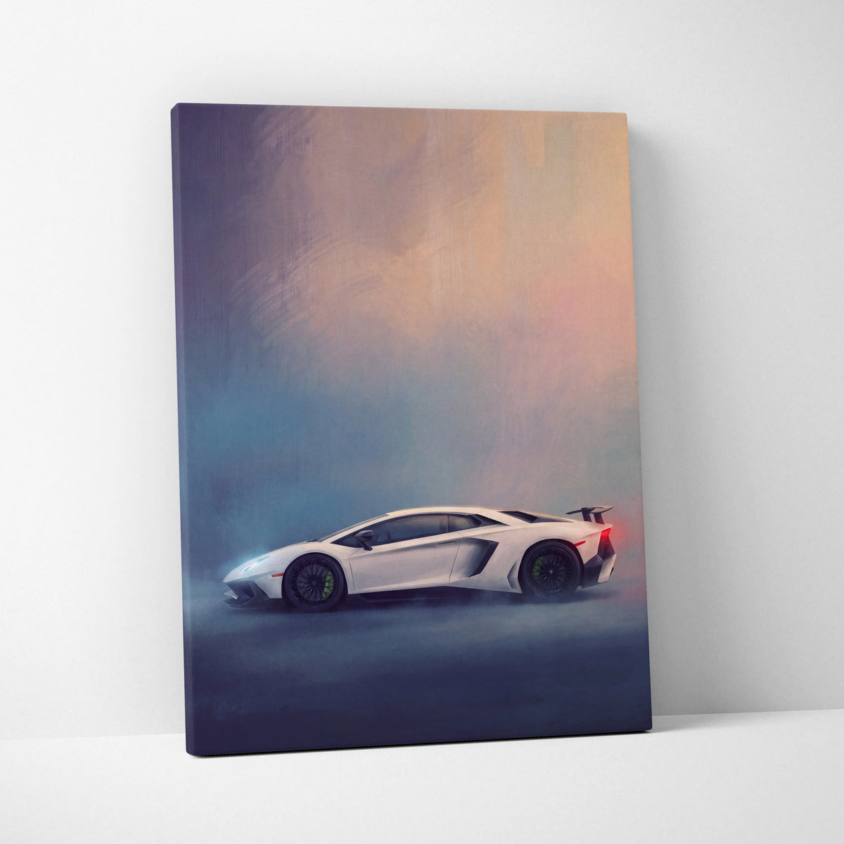 White Lamborghini Aventador SVJ inspired track edition canvas painting print featuring sleek design and glowing red taillights
