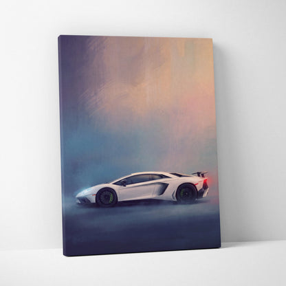 White Lamborghini Aventador SVJ inspired track edition canvas painting print featuring sleek design and glowing red taillights