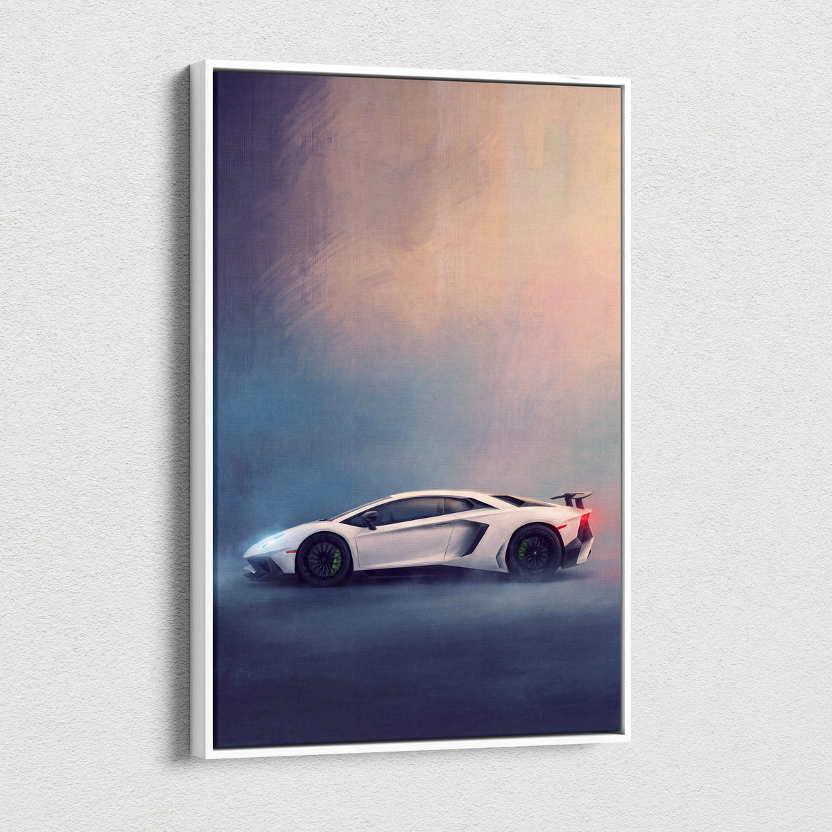 White lamborghini aventador svj inspired car wall art canvas print featuring dramatic lighting and misty atmosphere