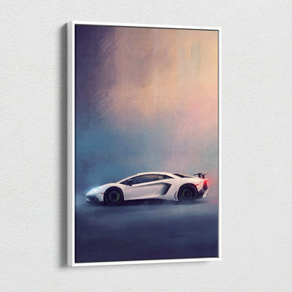 White lamborghini aventador svj inspired car wall art canvas print featuring dramatic lighting and misty atmosphere