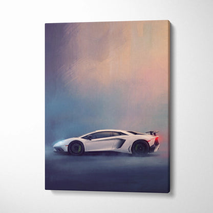 White Lamborghini Aventador SVJ inspired canvas print with sleek design and glowing red taillights against gradient sky