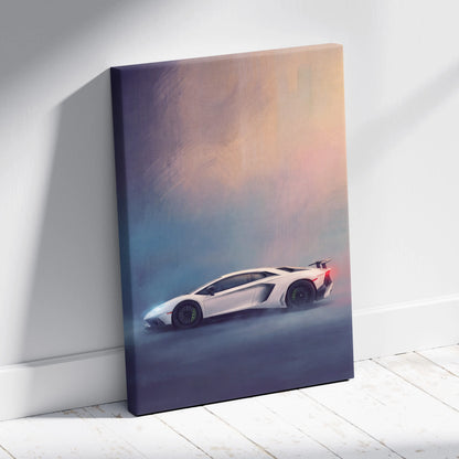 White Lamborghini Aventador SVJ inspired canvas print featuring sleek design and glowing red taillights against gradient sky