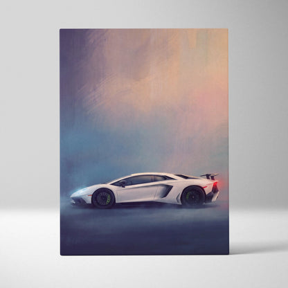White lamborghini aventador svj inspired car wall art canvas painting print with glowing red taillights and mist effects