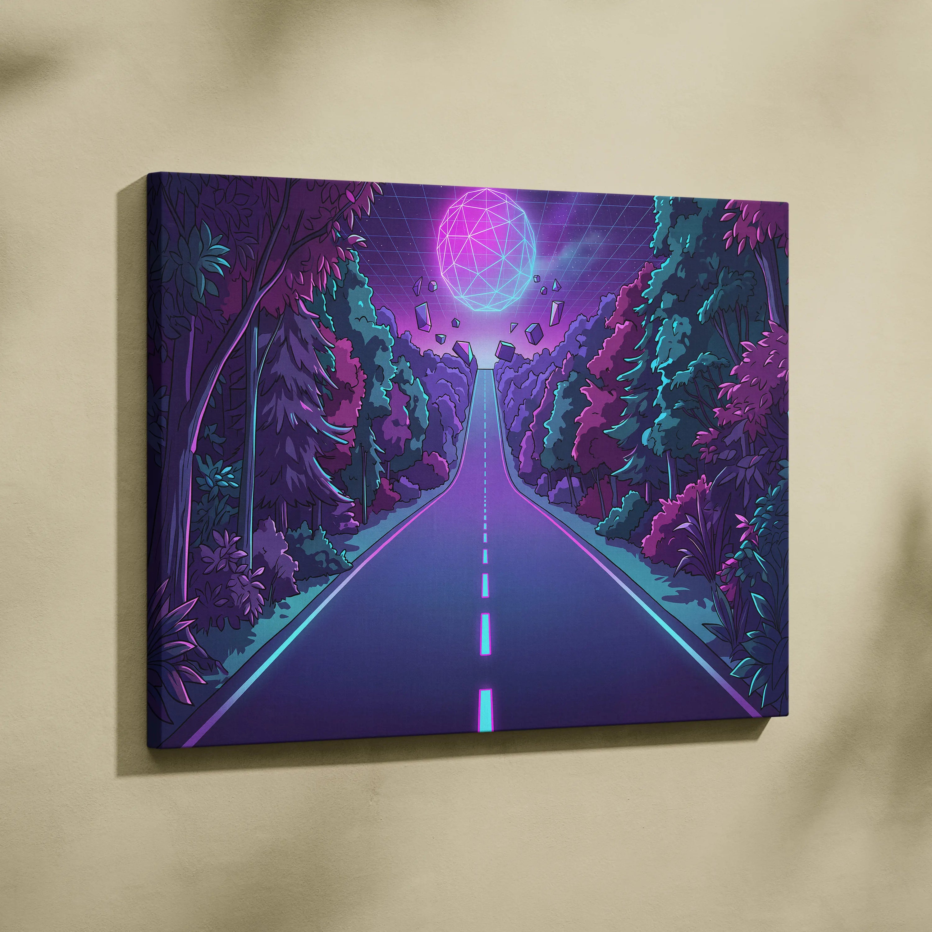 Neon Vaporwave Sphere Canvas - Vaporwave Scene Purple Pink Blue Living Room Retro Dreamy Neon Gallery Wall Canvas