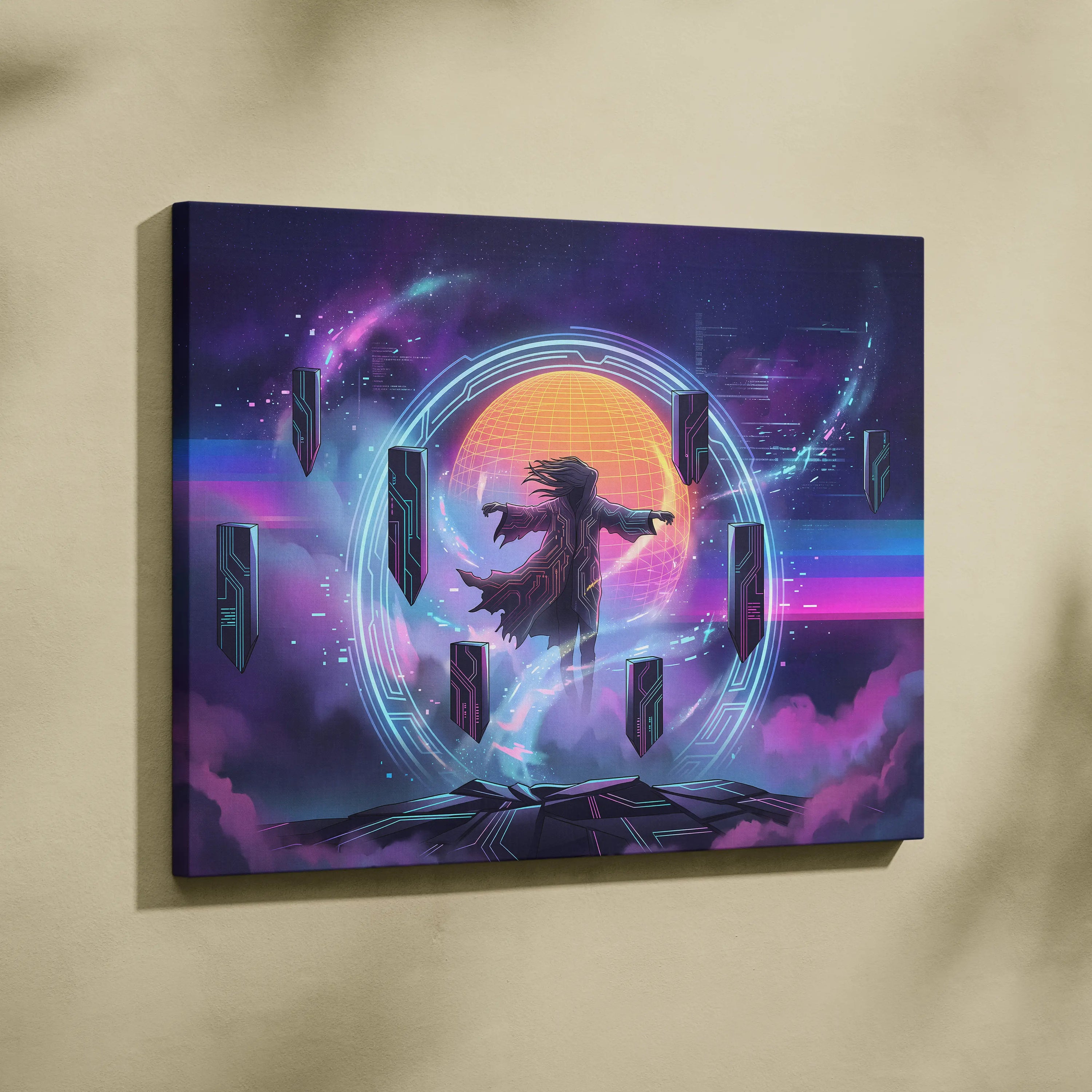 Vaporwave Neon Dreamscape Canvas - Figure Neon Pink Blue Living Room Vaporwave Dreamy Gallery Wall Synthwave Canvas