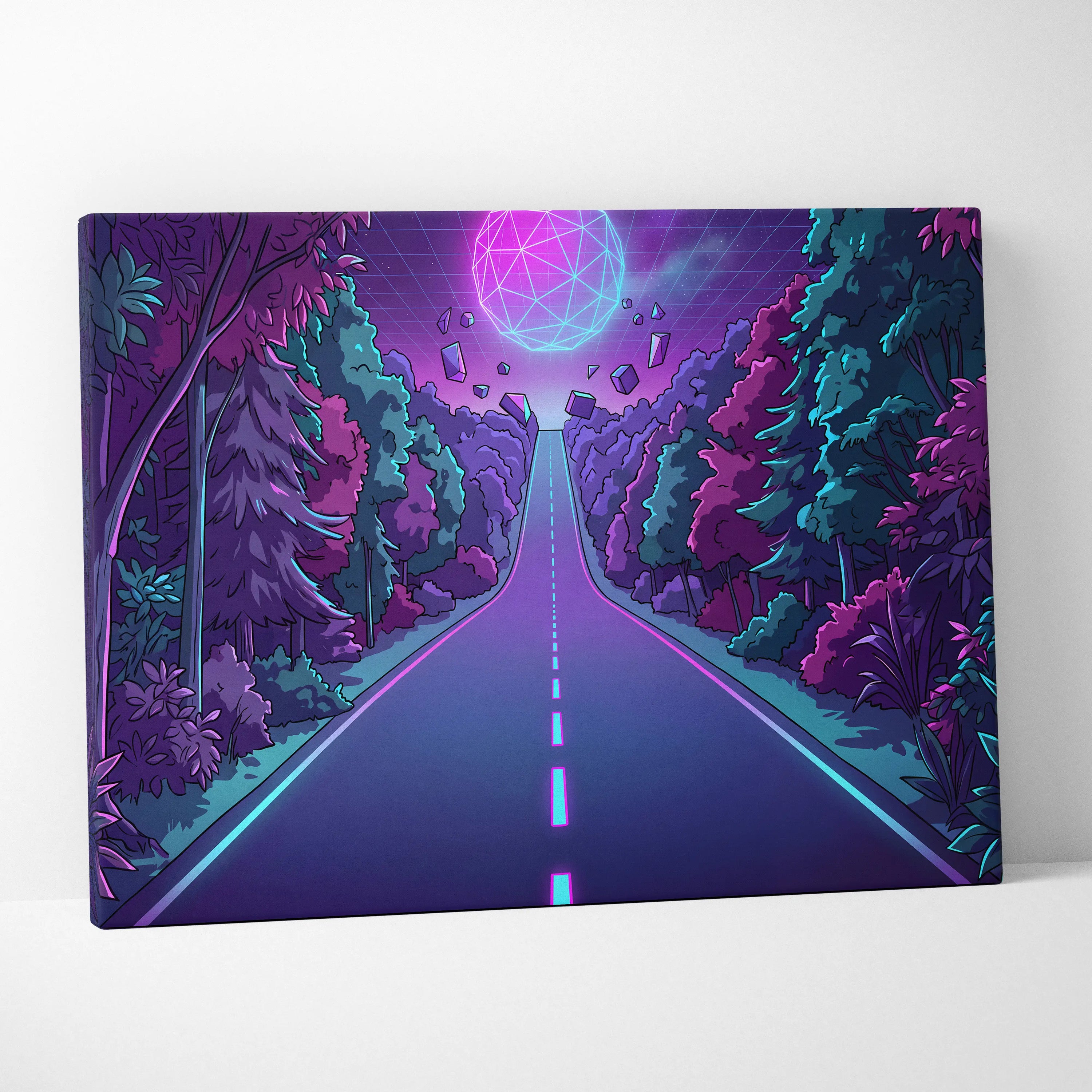 Neon Vaporwave Sphere Canvas - Vaporwave Scene Purple Pink Blue Living Room Retro Dreamy Neon Gallery Wall Canvas