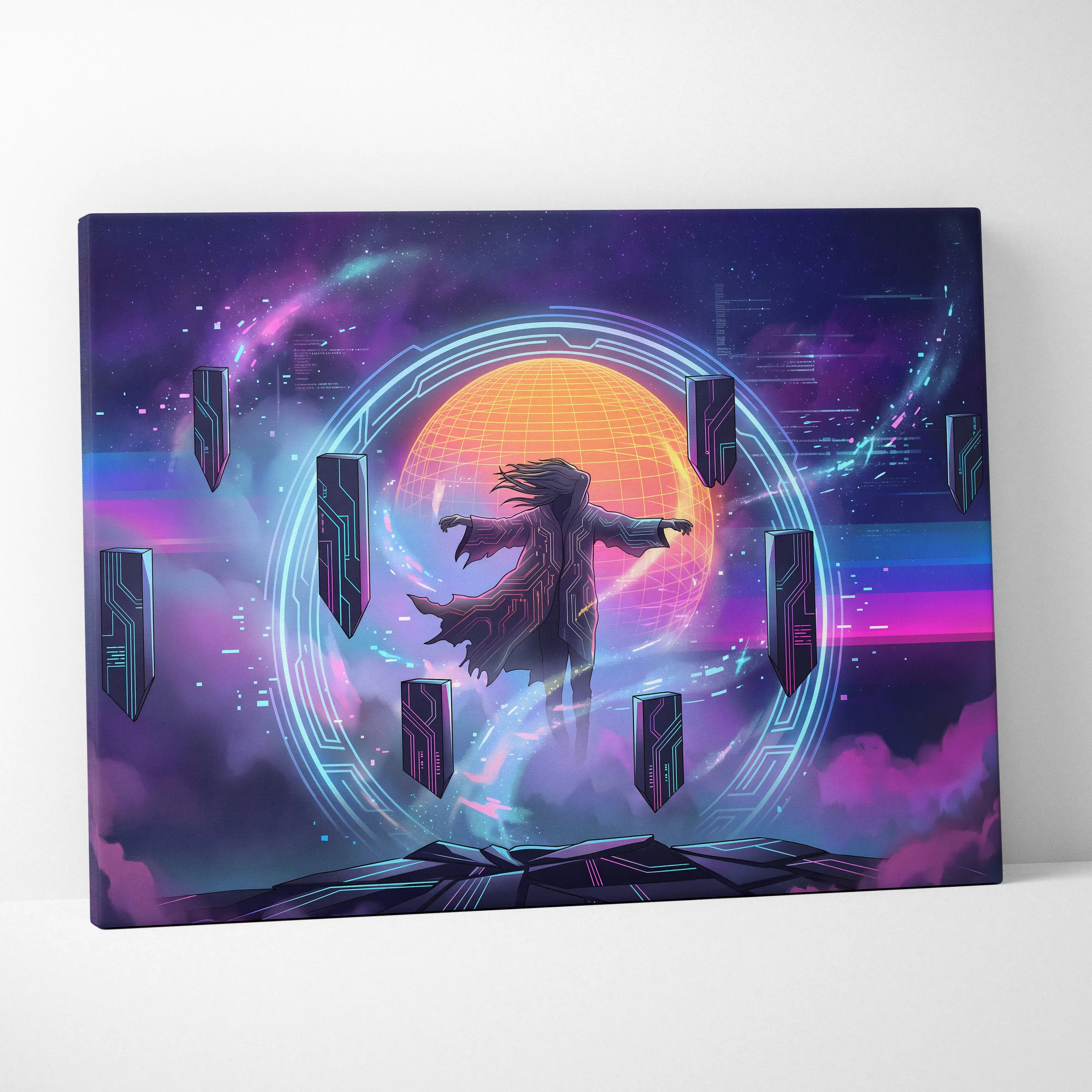 Vaporwave Neon Dreamscape Canvas - Figure Neon Pink Blue Living Room Vaporwave Dreamy Gallery Wall Synthwave Canvas
