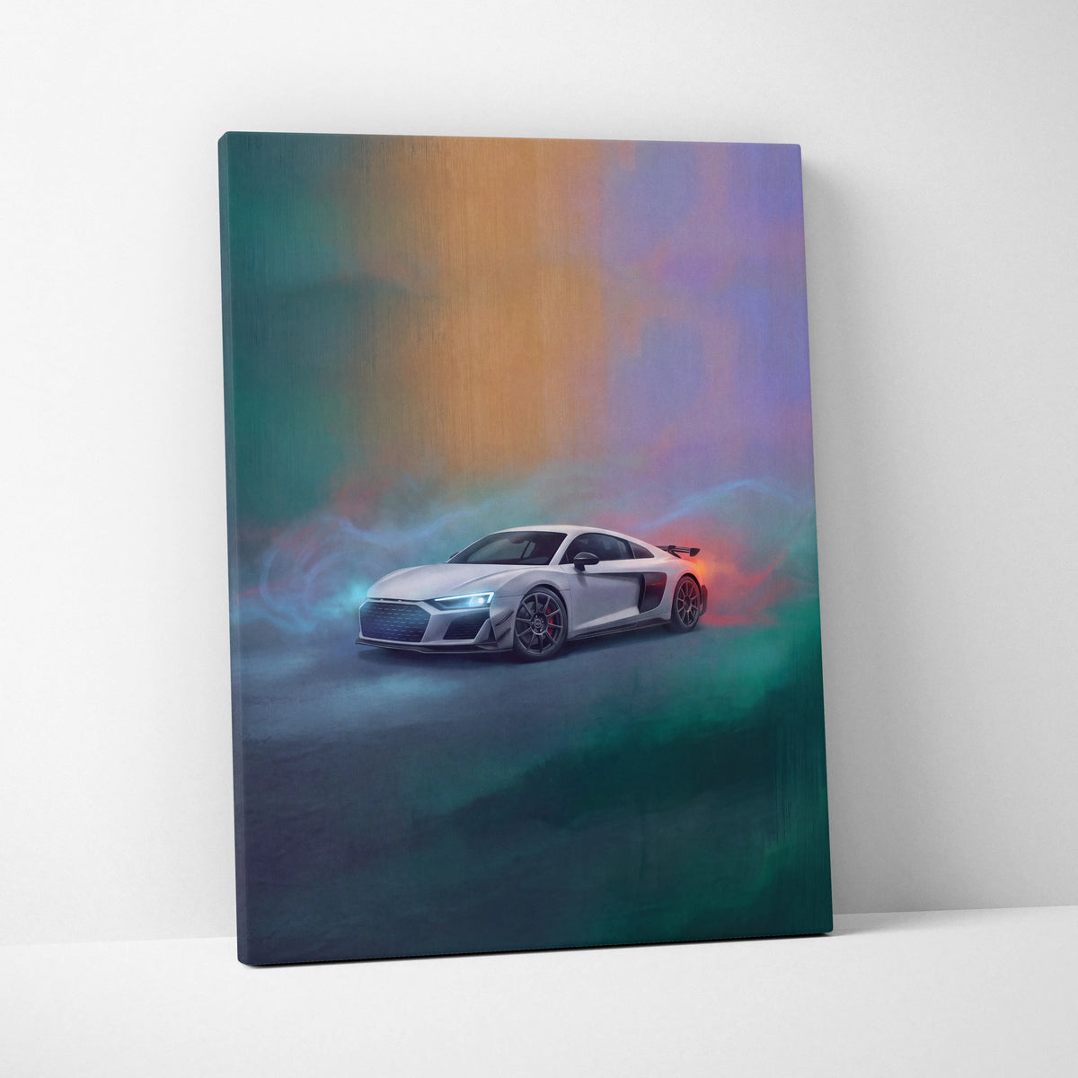 White audi r8 lms inspired supercar canvas art featuring a sleek sports car on a vibrant abstract gradient background