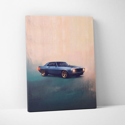 Chevrolet Camaro inspired canvas art featuring a blue muscle car with gold rims on a gradient background for living room wall decor