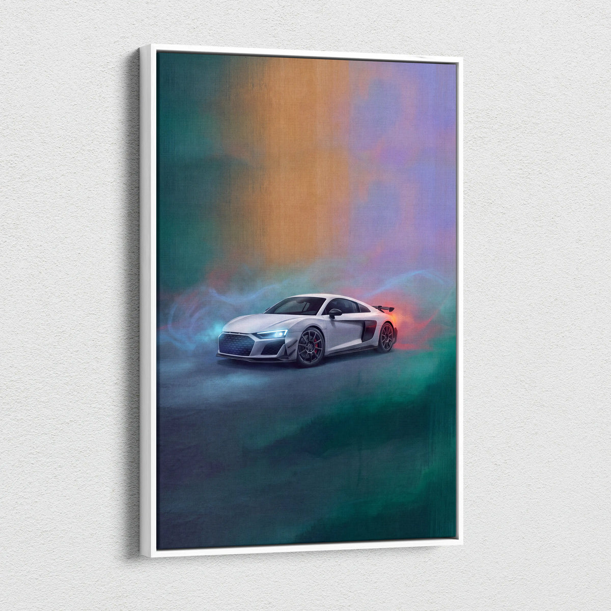 White audi r8 sports car stylized colorful artwork on sleek white framed canvas art print for custom car wall decor