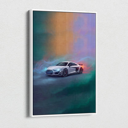 White audi r8 sports car stylized colorful artwork on sleek white framed canvas art print for custom car wall decor