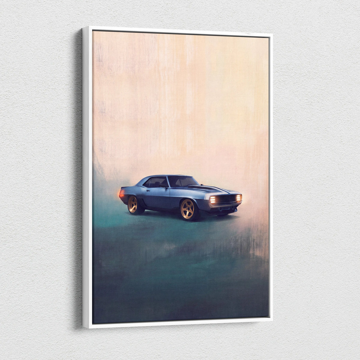 Chevrolet camaro inspired canvas art featuring a blue classic muscle car with gold rims for living room decor