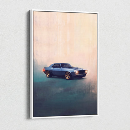 Chevrolet camaro inspired canvas art featuring a blue classic muscle car with gold rims for living room decor