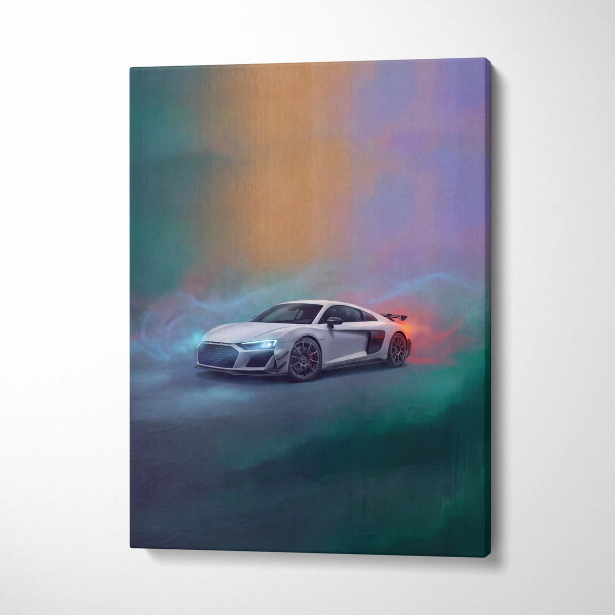 White Audi R8 LMS inspired supercar canvas art print with glowing headlights and vibrant abstract background hues
