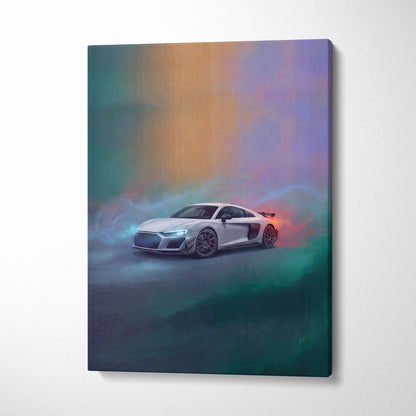 White Audi R8 LMS inspired supercar canvas art print with glowing headlights and vibrant abstract background hues