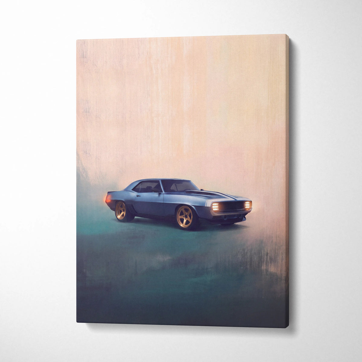 Blue Chevrolet Camaro inspired canvas art featuring a classic muscle car with gold rims and glowing headlights for living room decor