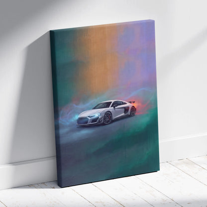 White Audi R8 LMS inspired supercar canvas art print with glowing headlights and vibrant rainbow background wall decor