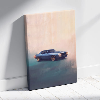Chevrolet Camaro inspired canvas art featuring a blue muscle car with gold rims for living room wall decor