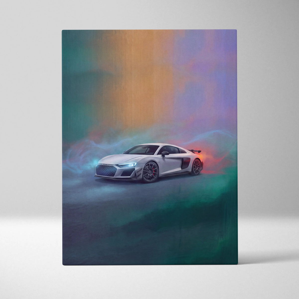 White Audi R8 sports car stylized colorful artistic rendering on canvas art for custom car wall art print