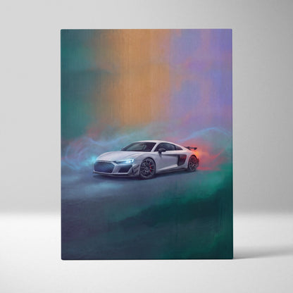 White Audi R8 sports car stylized colorful artistic rendering on canvas art for custom car wall art print
