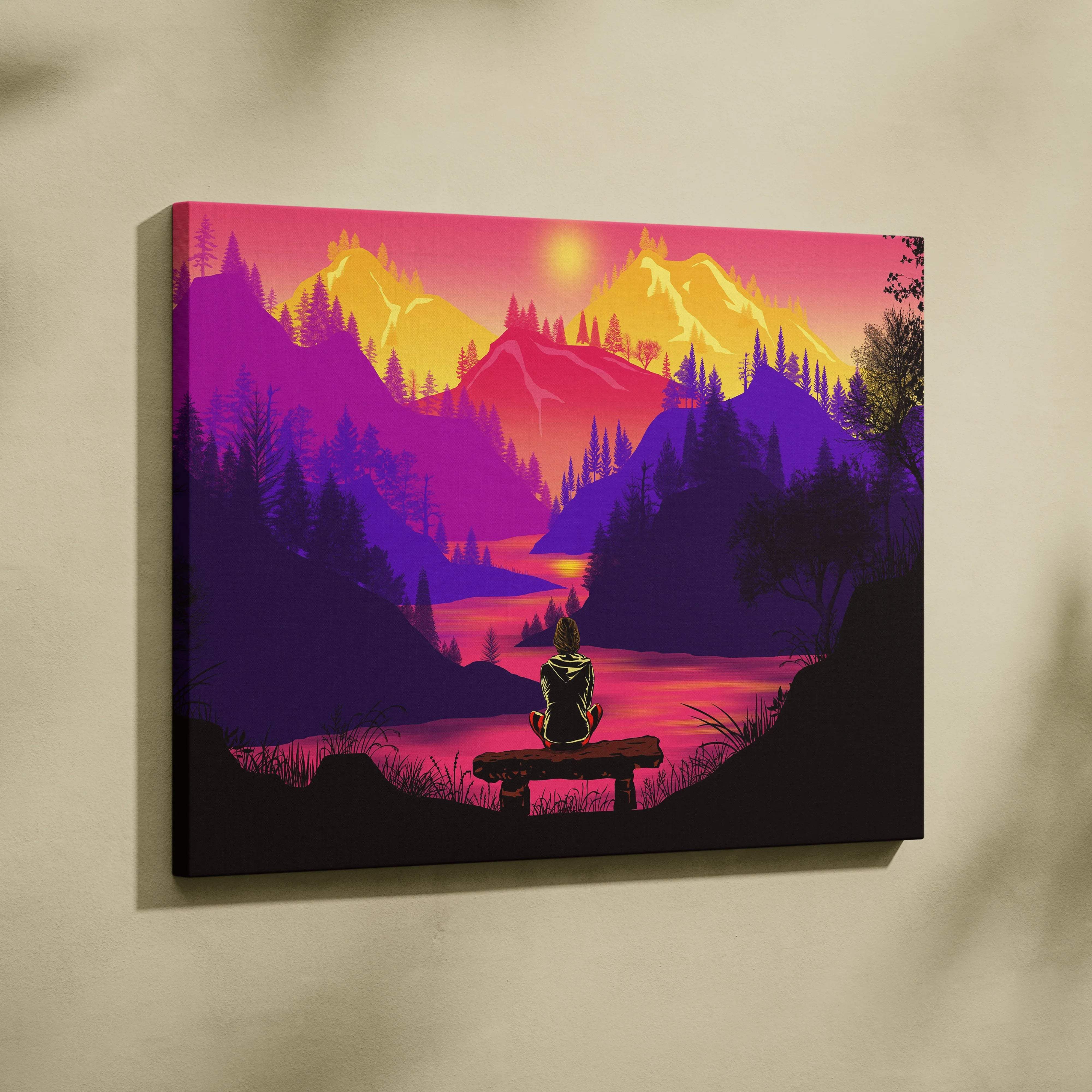 Vivid sunset mountain lake canvas art with lone figure on bench in neon pink purple gold