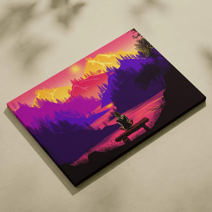 Vivid sunset mountain lake canvas art with lone figure on bench in neon pink purple gold