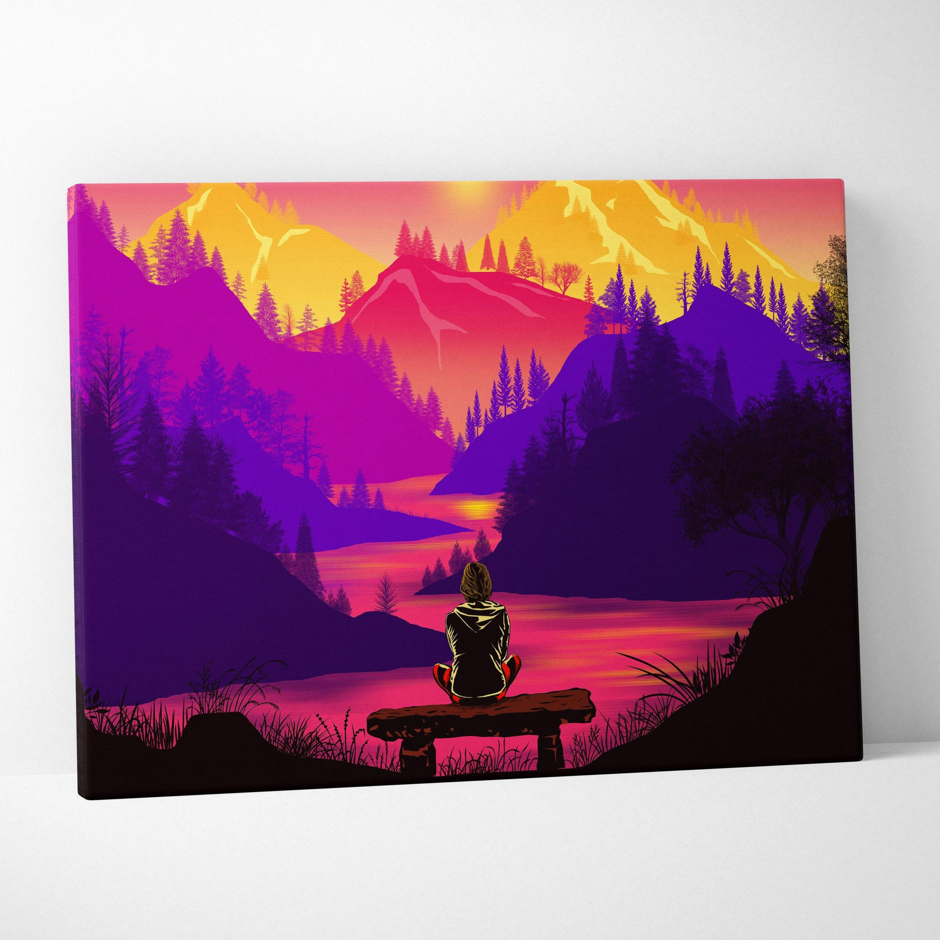 Vivid neon sunset mountain lake canvas with lone figure on bench in pink purple gold