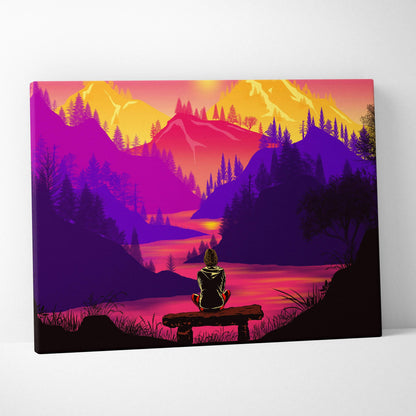 Vivid neon sunset mountain lake canvas with lone figure on bench in pink purple gold