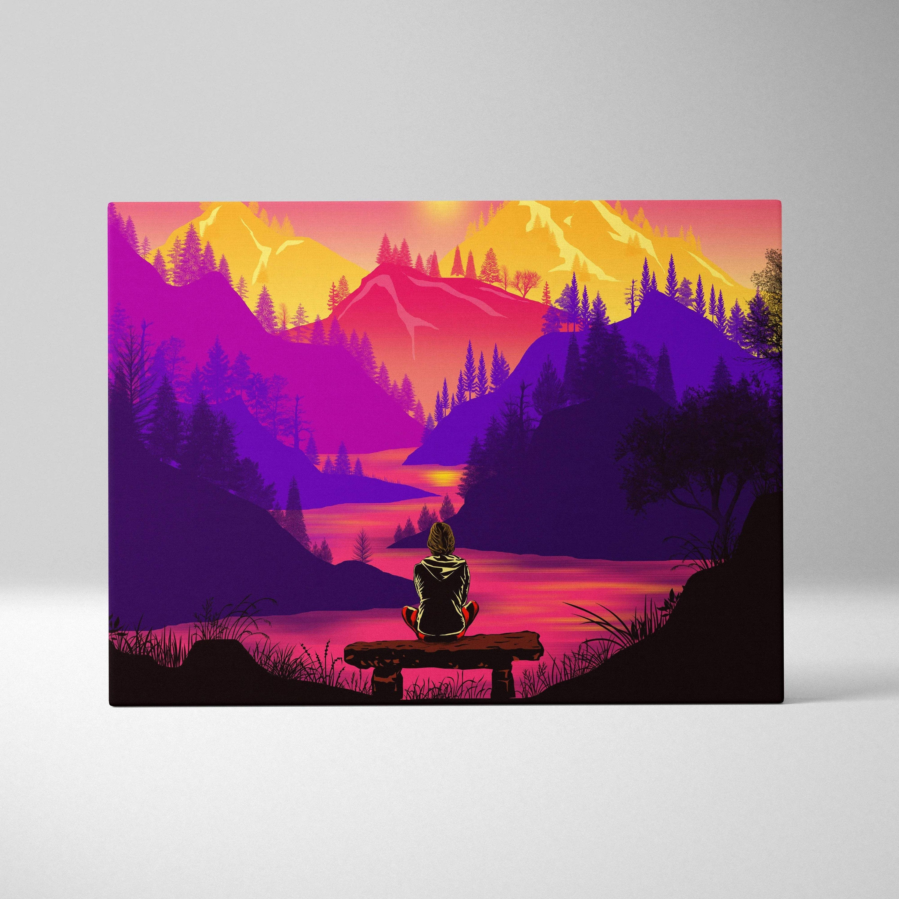 Vibrant neon pink purple gold sunset mountain lake canvas with meditating figure on bench