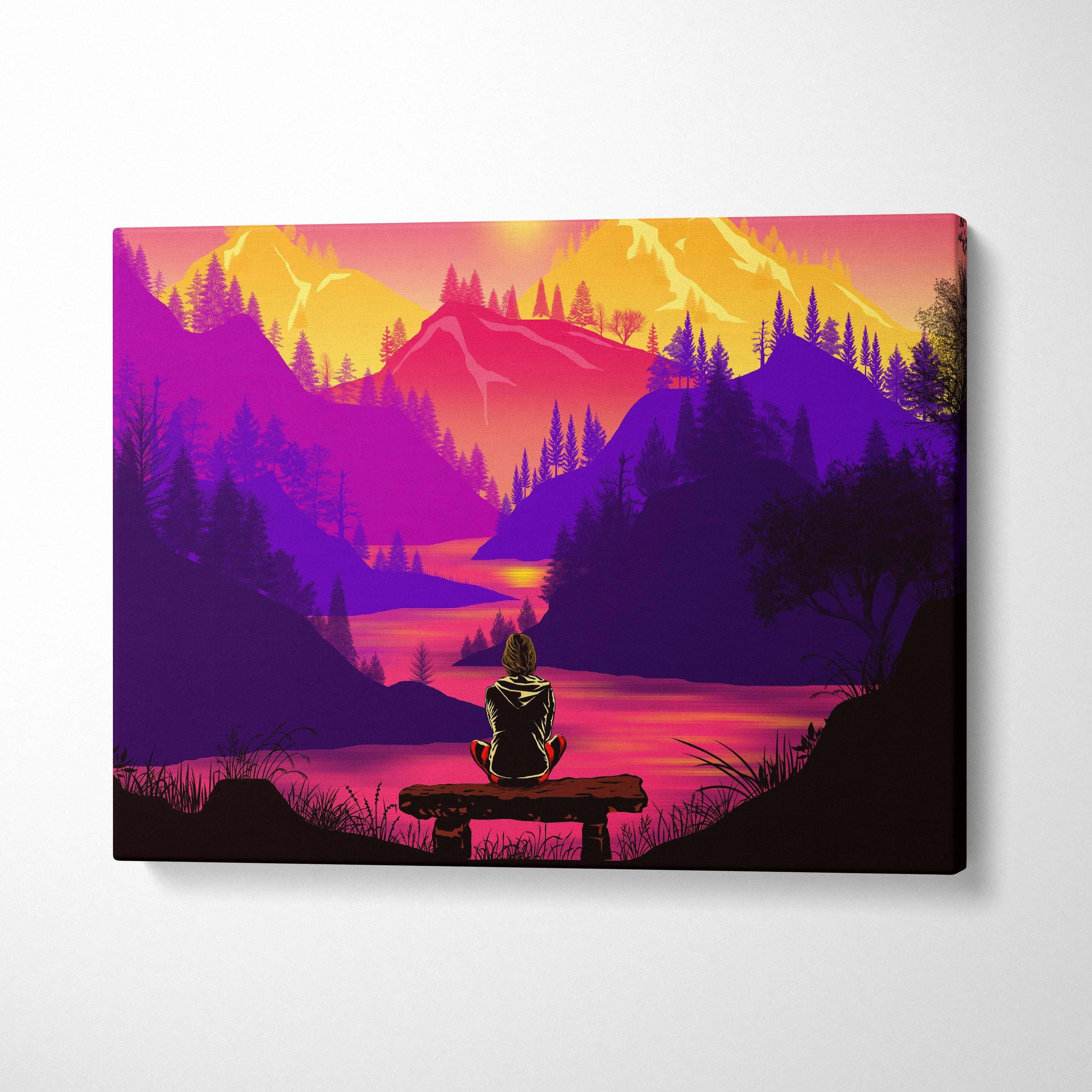 Vibrant neon pink purple gold sunset mountain lake canvas with lone silhouetted figure on bench