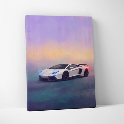 White Lamborghini Aventador SVJ inspired sports car canvas print with glowing blue headlights and colorful sky background